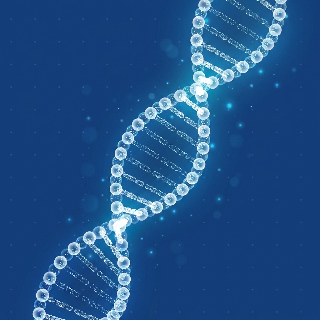 Glowing DNA double helix representing Exactmer's oligonucleotide synthesis platform
